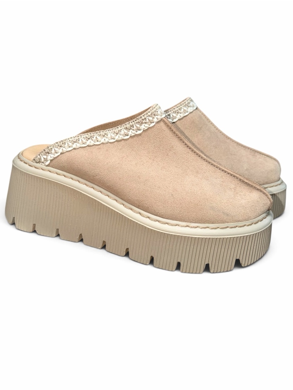 Carlo Pera Suede Italian Tan Platform Lug Sole Clog Mules Braided Beige Trim
